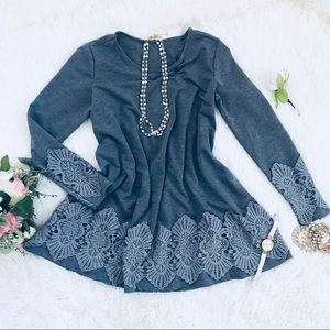 Women long sleeve gray tunic lace top